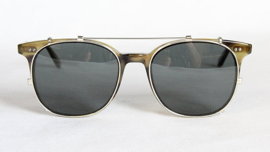 Non-polarized custom clip-on sunglasses with shiny silver finish, front view