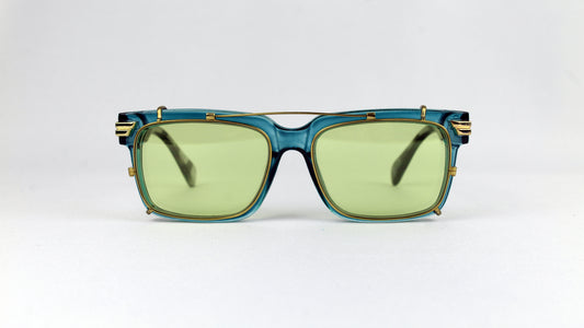 Polarized custom clip-on sunglasses with shiny gold long bar, front view