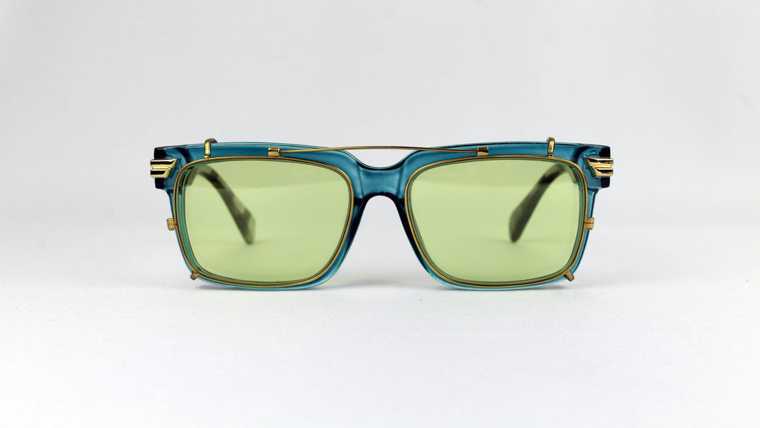 Polarized custom clip-on sunglasses with shiny gold long bar